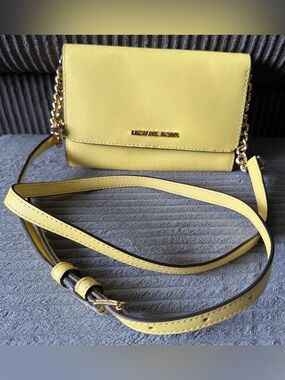 MICHAEL KORS Yellow Saffiano Leather Crossbody Small Bag Wallet with Gold Chain